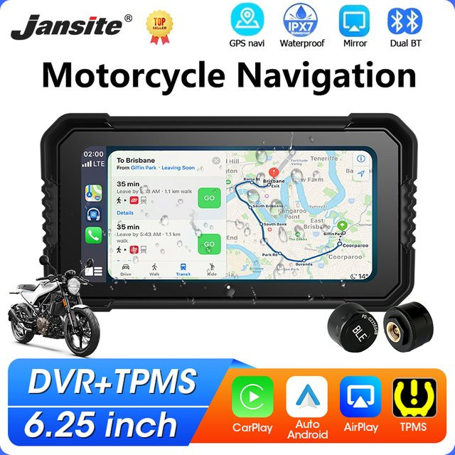 Jansite Tragbares 6,25 Zoll Motorrad GPS Navigationsgerät mit kabellosem CarPlay, IPS-Touchscreen, IPX7 wasserdicht, Moto-DVR Fahrtenschreiber und TPMS Unterstützung, Schwarz - Bild 1
