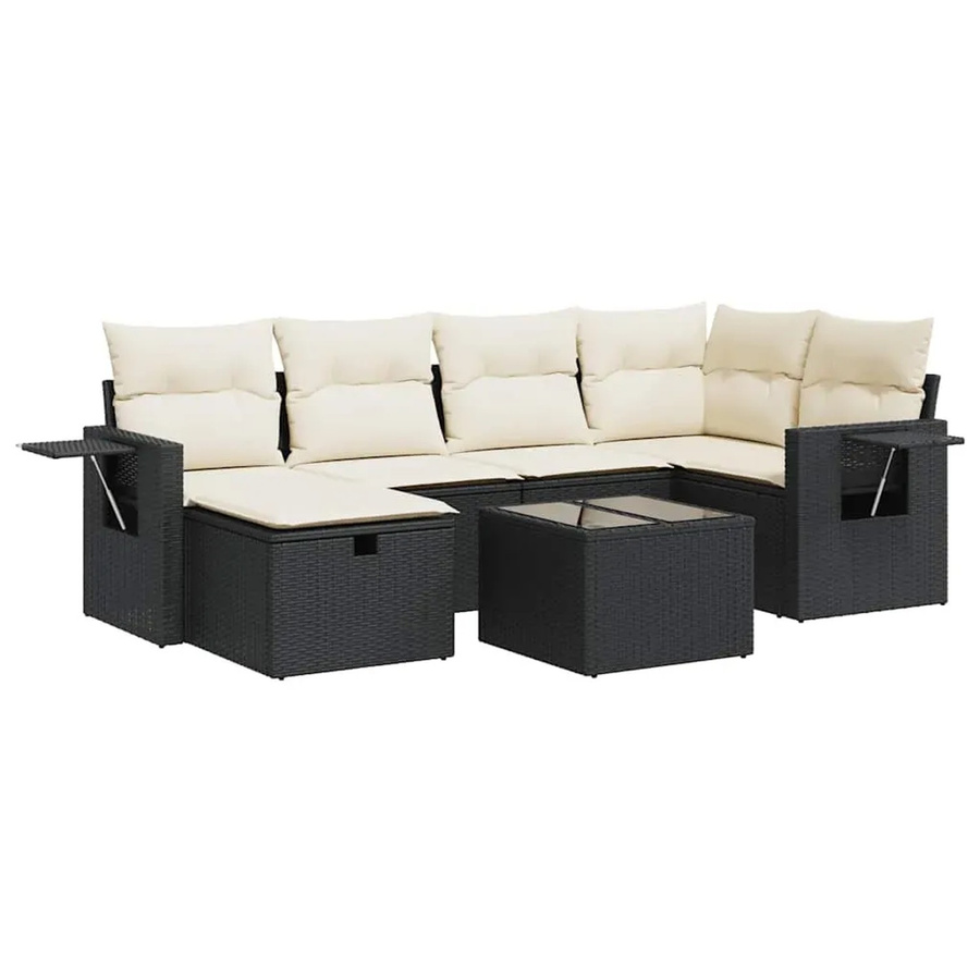 vidaXL 7-teilige Garten-Sofagarnitur in L-Form mit Kissen und Polyrattan in Schwarz - Bild 2
