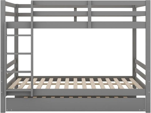 KOMHTOM Etagenbett für Kinder mit Ausziehbett und Treppe aus Kiefernholz und MDF, Farbe Grau, B/T/H: 140 x 200 x 150 cm - Bild 1