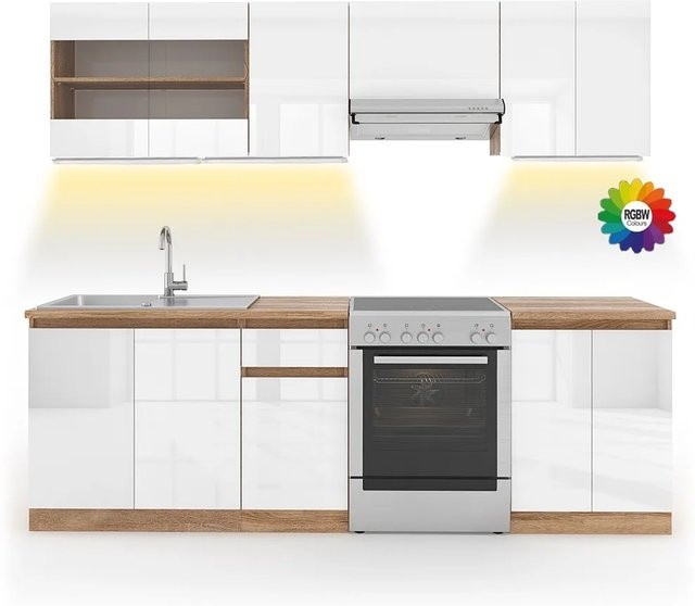 Vicco Raul Küchenzeile in Weiß und Sonoma mit LED-Leisten, Breite: 240 cm - Bild 1