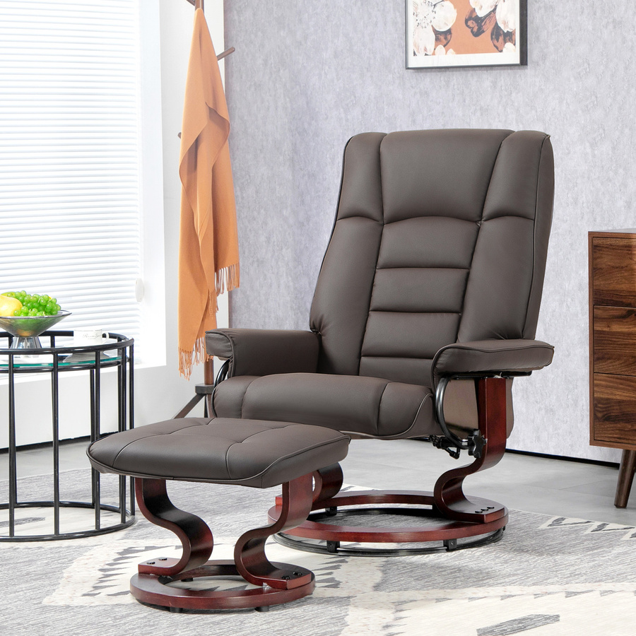 HOMCOM Relaxsessel mit Hocker in Braun aus Kunstleder mit Holzrahmen und Liegefunktion - Bild 2