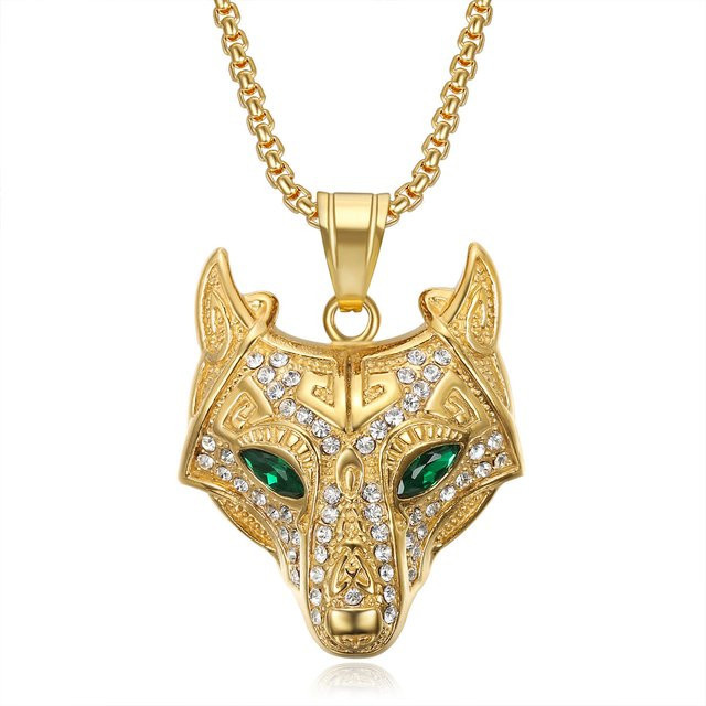 MAGIC ZONE Halskette, Viking Wolf Kopf Anhänger, Edelstahl, Gold, Zirkonia, Herren - Bild 1