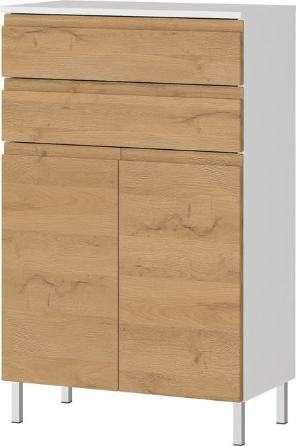 Badschrank Grandson von KADIMA DESIGN in Weiß und Eiche mit Schubladen, Chromfüßen und griffloser Front, B/T/H: 60 x 34 x 97 cm - Bild 1