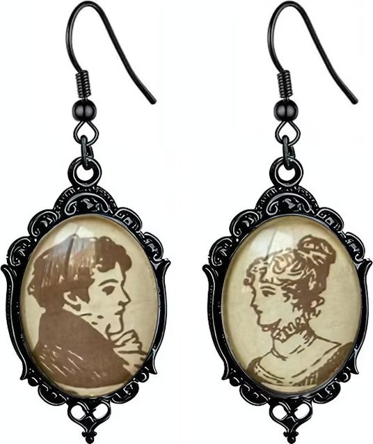 konminry Ohrringe, Vintage, Porträts Mann und Frau, Blume Oval Glas, Schwarz, Unisex - Bild 1