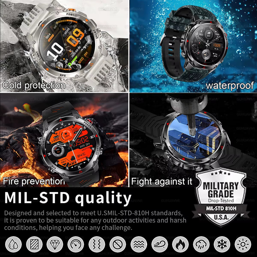 GUHUAVMI Militärische GPS Smartwatch mit 1,46 Zoll HD AMOLED Display, Wasserdichtes Outdoor-Sport Fitness Armband in Schwarz - Bild 4