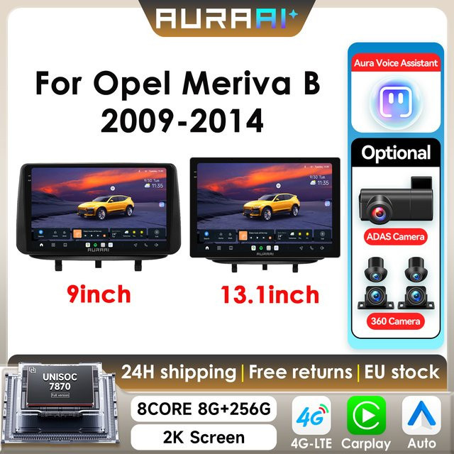 ARAI Autoradio mit 2K Bildschirm für Opel Meriva B 2009 - 2014, 8GB RAM + 256GB Speicher, Android, CarPlay, Android Auto, 4G, WiFi, GPS, Bluetooth, 360° Kamera, Schwarz - Bild 1