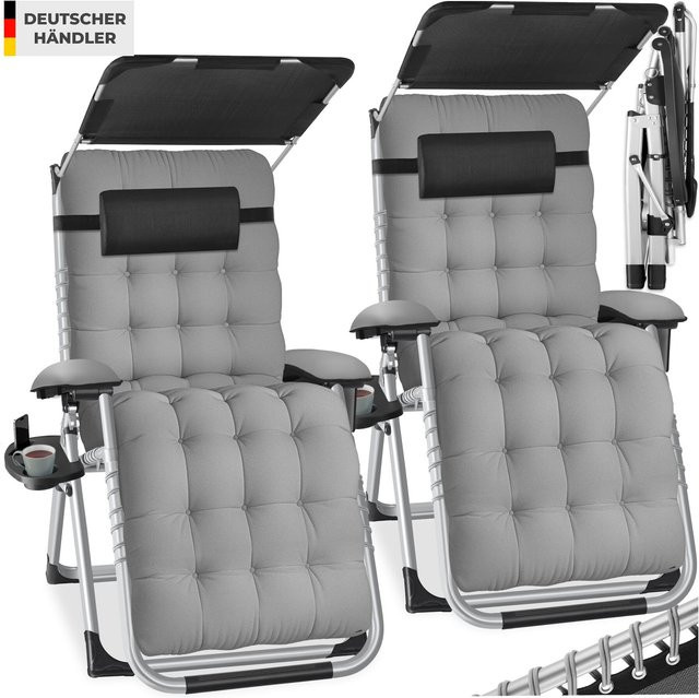 tectake Sonnenliege 2er Set in Grau mit verstellbarem Sonnendach, Ablagetisch und Textilene-Gewebe, B/T/H: 200 x 135 x 168 cm - Bild 1