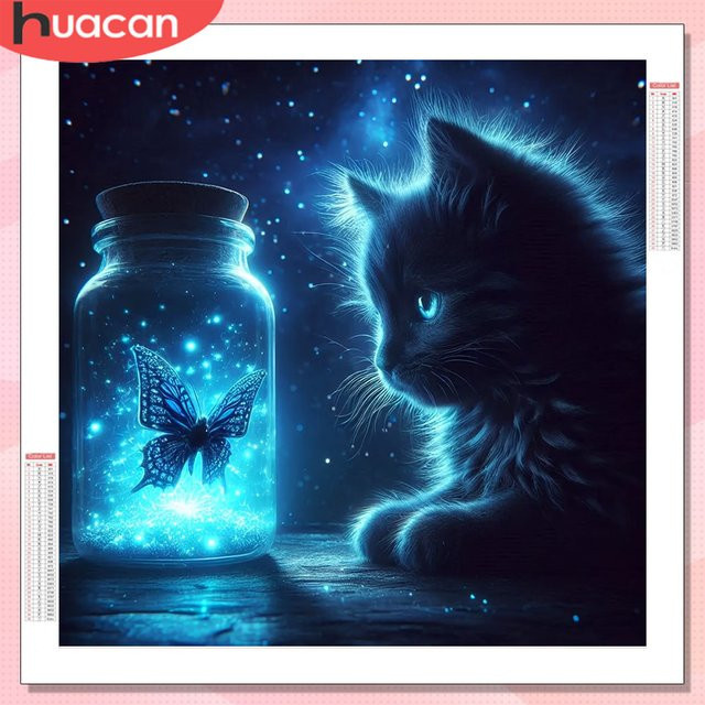 HUACAN Diamantmosaik-Gemälde Katze mit Schmetterling in Blau, Handgefertigte Wanddekoration mit runden Steinen - Bild 1