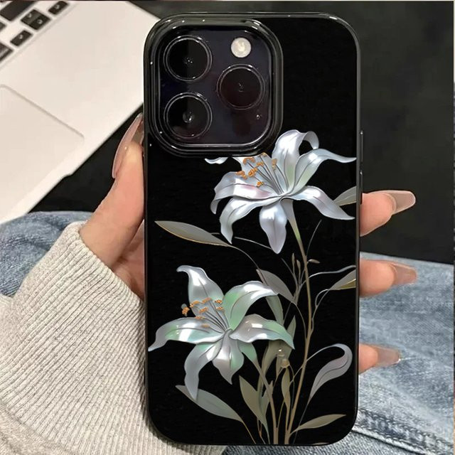 Stoßfeste iPhone Handyhülle mit Ölgemälde Lilie Blumenmuster in Schwarz - Bild 1