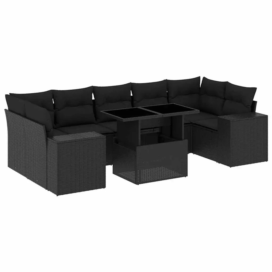 vidaXL 8-teilige Garten-Sofagarnitur in L-Form aus schwarzem Poly-Rattan mit Kissen und pulverbeschichtetem Stahlgestell - Bild 2