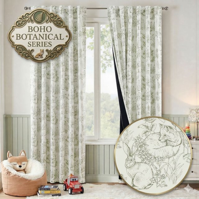 JINCHAN 2-teiliges Set Verdunkelungsvorhänge mit Grasland- und Pflanzenmotiv in Schwarz und Grün für Kinderzimmer und Wohnzimmer - Bild 1