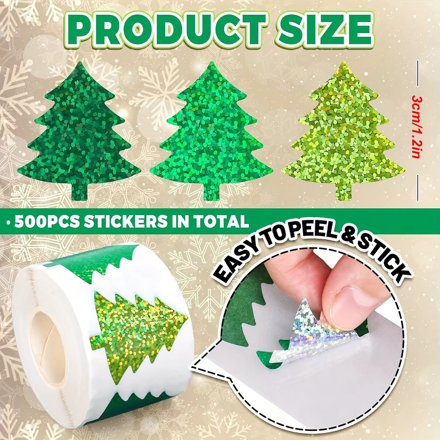 500 Stück Selbstklebende Weihnachtsbaum-Aufkleberrolle in Grün aus glänzendem PVC für Geschenkverpackungen und Scrapbooking - Bild 2