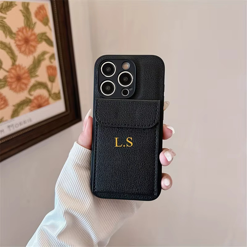 YLUOYI Personalisierte Litschi Leder Softcase Handyhülle mit Kartenfach für iPhone 16 15 14 13 12 11 Pro Max Plus in Schwarz - Bild 2