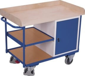VARIOfit Werkstattwagen aus Stahl mit 3 Ladeflächen, Schrank und Tablett, grau/blau, B/T/H: 57,5 x 47,0 x 57,5 cm - Bild 1
