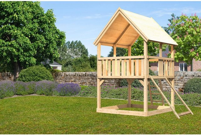 Karibu Spielturm Luis mit Satteldach und Netzrampe - Bild 1