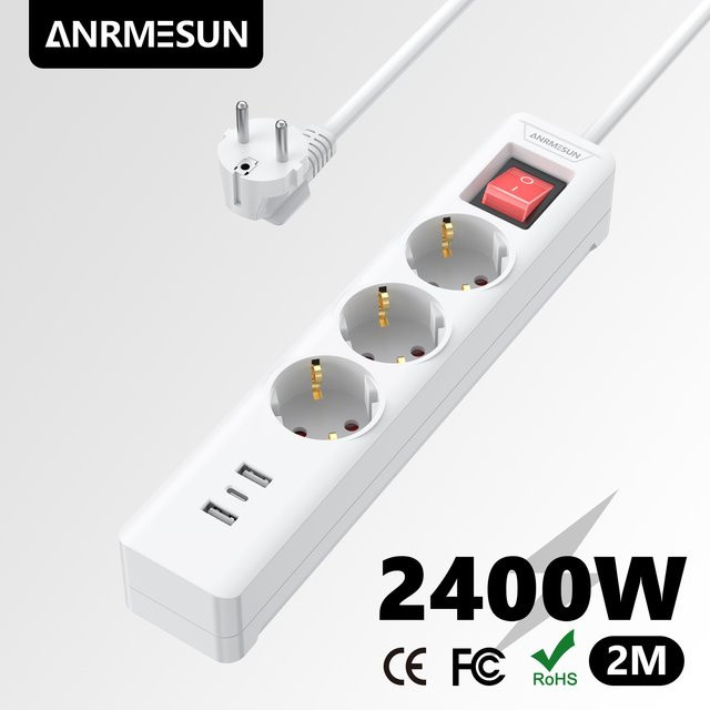 ANRMESUN EU-Steckdosenleiste mit Überspannungsschutz und Überlastschutz in Weiß mit 6 Anschlüssen, 2 m Kupferkabel, 3 AC-Steckplätze, 2 USB-Anschlüsse und 1 USB-C PD 20W Anschluss - Bild 1