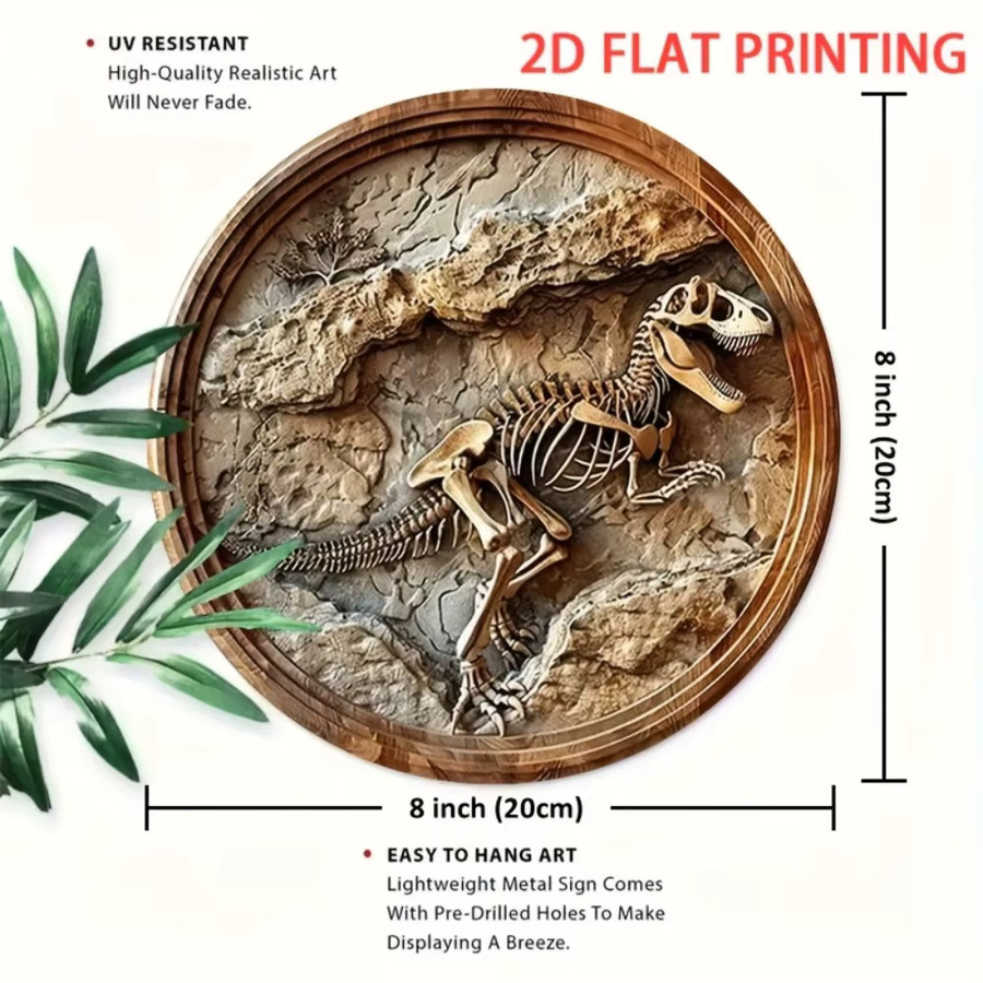 HELLOYOUNG Vintage Dinosaurier-Fossil-Skelett Metall-Wandkunst, Runde 2D Wanddekoration in Braun, Durchmesser: 20 cm - Bild 3
