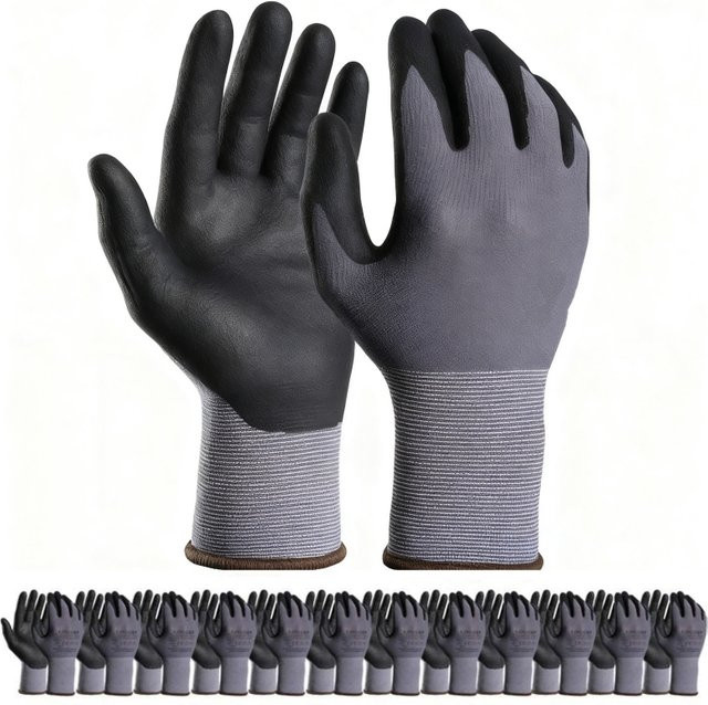 12er Pack Arbeitshandschuhe von YUMARCH in Grau mit Nitril-Beschichtung und Mikroschaum für Touchscreen-Bedienung - Bild 1