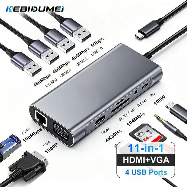 KEBIDUMEI 11-in-1 USB-C-Hub Dockingstation mit HDMI, VGA, RJ45 Ethernet und PD 100W für Laptop und MacBook Pro - Bild 1