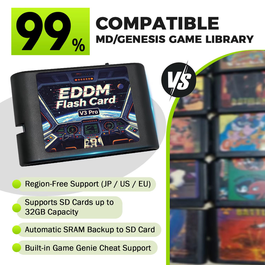 Skchao EDMD FlashCard 3000 in 1 MD V3 Pro Spielkassette für SEGA Genesis Mega Drive 16-Bit-Videospielkonsole in Schwarz mit 4G TF-Karte - Bild 2
