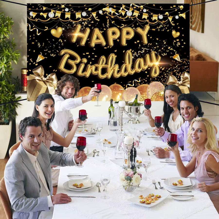 VIKAMA Happy Birthday Hintergrundbanner in Schwarz und Gold für Geburtstag und Jubiläumsfeiern - Bild 5