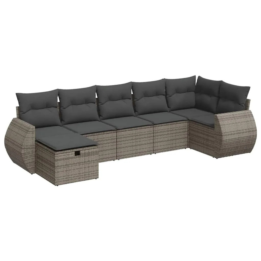 vidaXL 7-teilige Garten-Sofagarnitur in L-Form aus grauem Poly-Rattan mit Kissen und Ottoman - Bild 2
