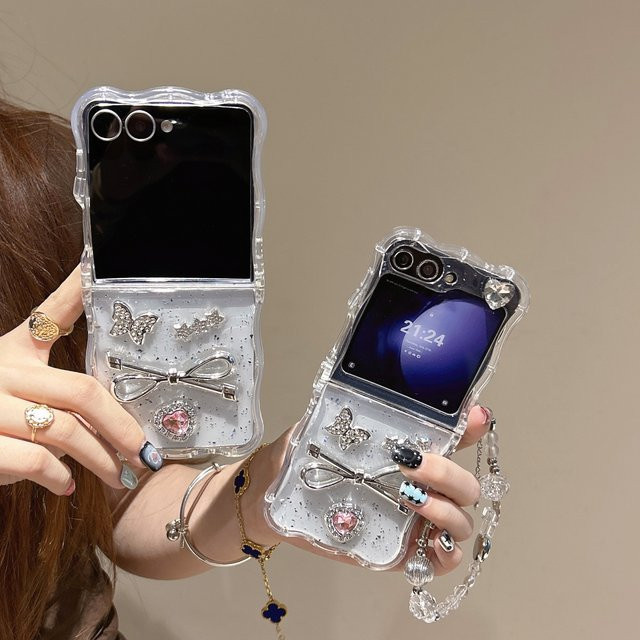 Vover 3D Bowknot Handyhülle mit Edelstein und Glitter für Samsung Galaxy Z Flip 7 6 5 4 3, transparent mit Kette und stoßfestem Schutz - Bild 1