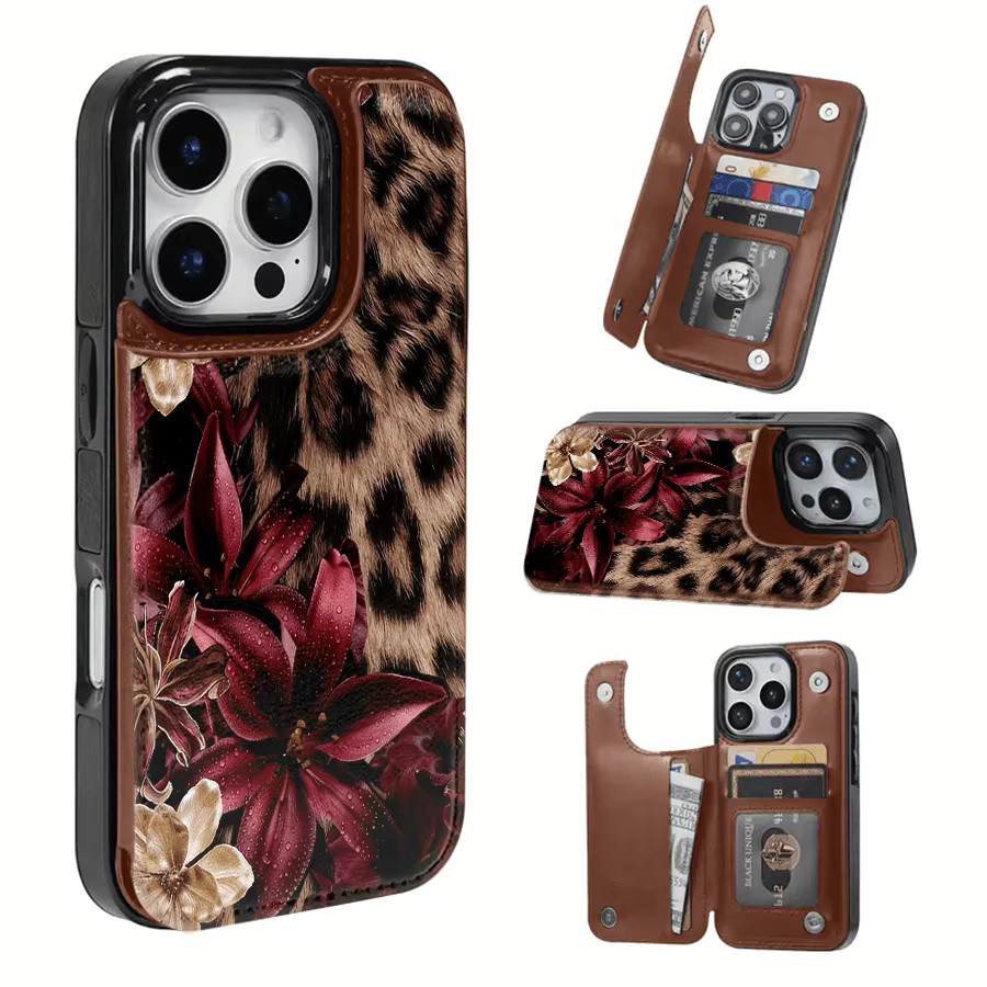 Handyhülle im Portemonnaie-Stil mit Leopardenmuster für Apple iPhone 12 bis 17 Pro Max Serie in Schwarz und Multicolour - Bild 2