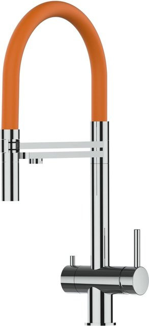 VIZIO Küchenarmatur aus Edelstahl mit 3-Wege-Funktion, 360° schwenkbarem Auslauf und abnehmbarer 2-Strahl Handbrause in Orange und Silber - Bild 1