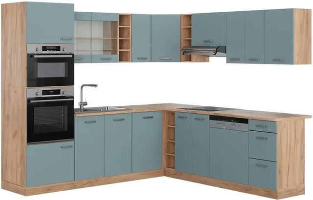 Vicco R-Line Eckküche modern in Blau-Grau und Goldkraft Eiche, B/T/H: 237 x 247 x 81,6 cm - Bild 1