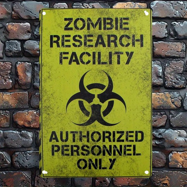 Potdemiel Vintage Zombie Research Facility Biohazard Warnschild aus Weißblech als Metallwanddekoration - Bild 1
