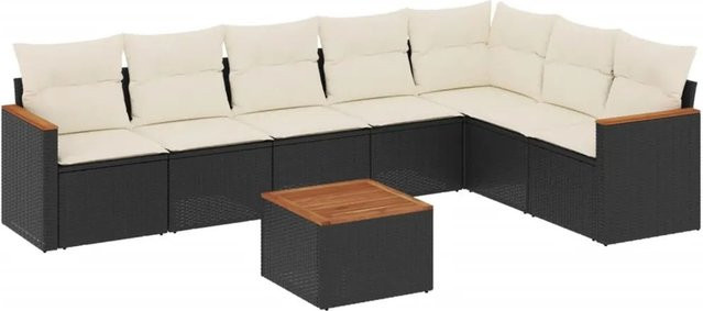 vidaXL 8-teilige Garten-Sofagarnitur aus Poly-Rattan und Akazienholz in Schwarz mit cremeweißen Kissen - Bild 1