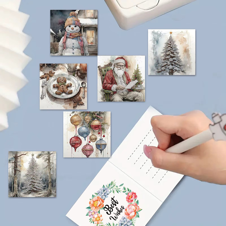 6 Weihnachtskarten mit Schneemann-Mustern und Rauten-Design in Mehrfarbig, DIY-Papierpostkarten zum Verschenken - Bild 3