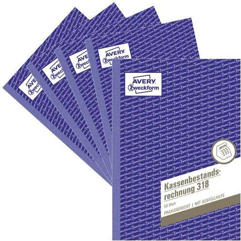 Avery Zweckform Kassenbestandsrechnung Formular 318-5, DIN A5, Weiß, 5 Bücher mit je 50 Blatt, FSC-Papier - Bild 1