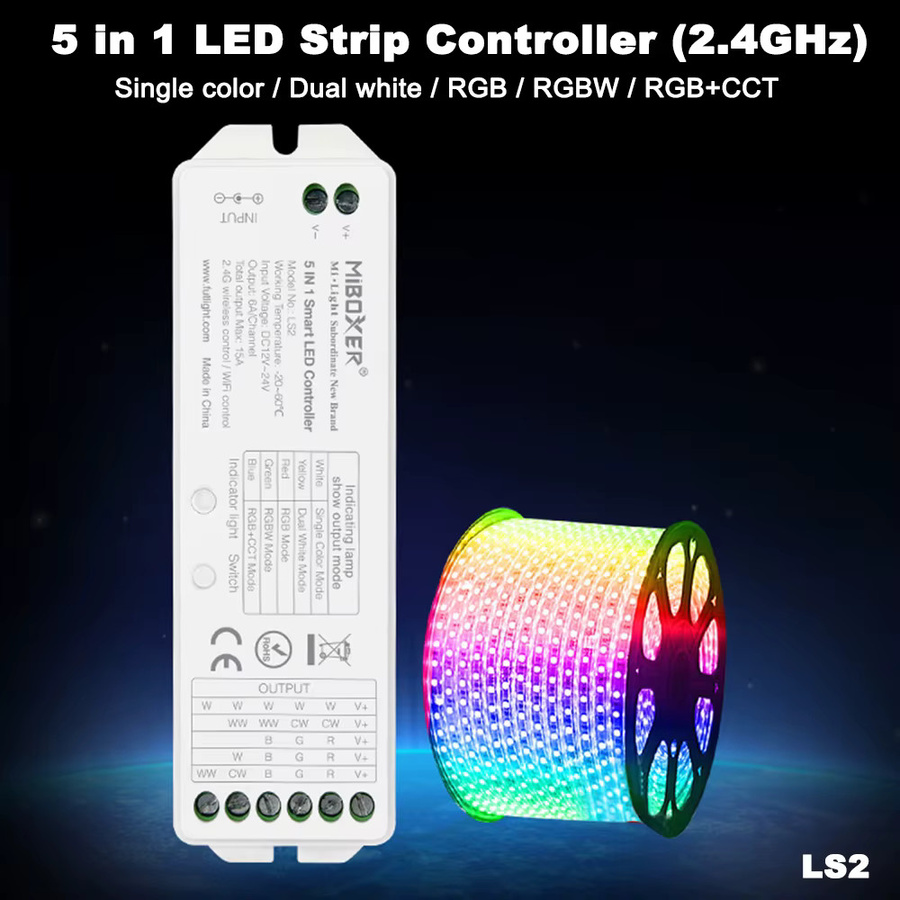 MiBoxer LS2 Smart LED Controller 2,4 GHz RF 5in1 Dimmer für einfarbige, CCT, RGB, RGBW und RGB+CCT LED-Streifen (DC12V-48V) - Bild 2