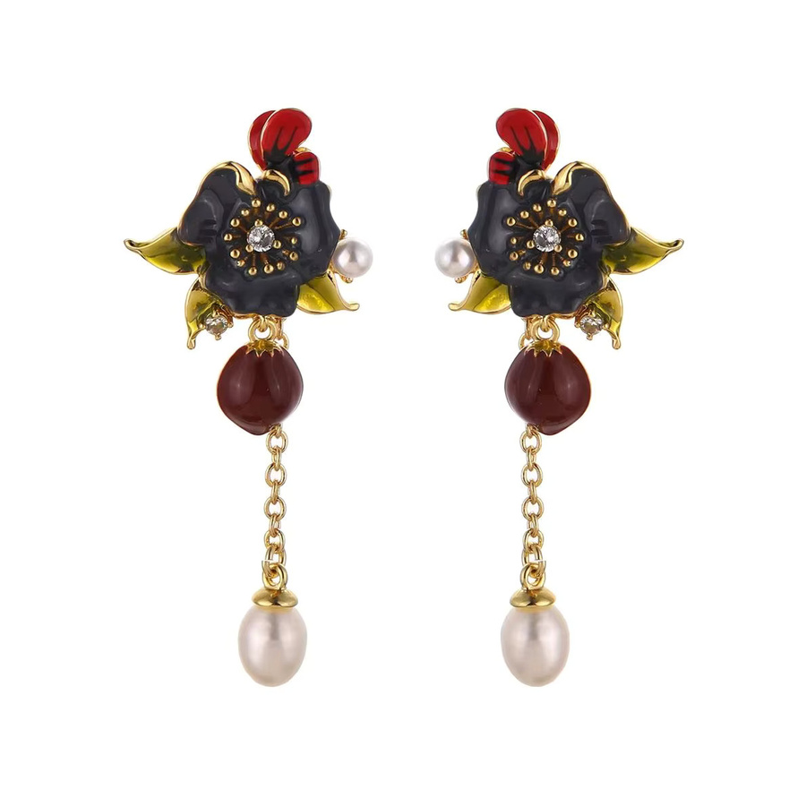 Kovonchy Ohrringe, Emaille-Blumen, Perle, roter Stein, Damen - Bild 4