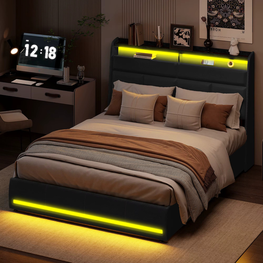 Rosahqnda Doppelbettgestell mit LED-Beleuchtung und USB-Anschluss, Polsterbett mit hydraulischem Stauraum in Weiß, B/T: 160 x 200 cm - Bild 3