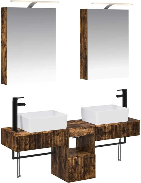 vidaXL Badezimmerschrank-Set aus Holz in Geräucherte Eiche, 5-teiliges Set mit Waschtischunterschrank und Spiegelschrank mit LED-Beleuchtung, Braun, B: 50 cm, T: 14,5 cm, H: 70 cm - Bild 1
