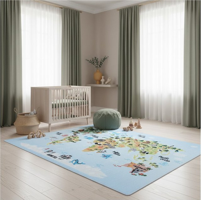 Spielteppich TRAUN von Kadima Design in Blau mit Weltkarte-Tiere-Motiv, B: 140 cm, L: 200 cm - Bild 1