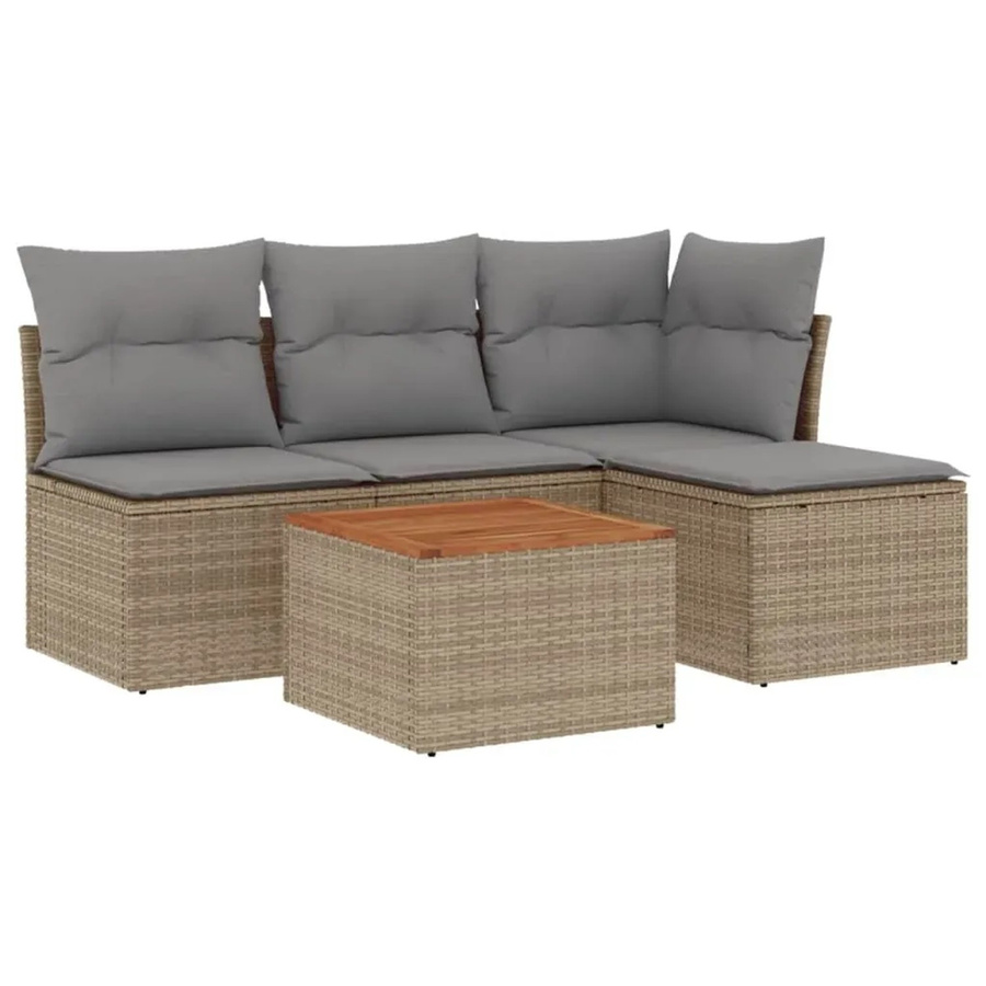 vidaXL 5-teilige Garten-Sofagarnitur in L-Form aus Poly-Rattan und Akazienholz mit beigen Polstern in Beige - Bild 2
