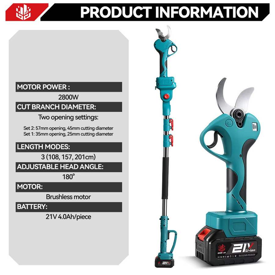ONEVAN 2in1 Teleskop-Gartenschere mit 2800W bürstenlosem Motor und 45mm Schneidkapazität für Makita 18V LXT Akkus - Bild 5