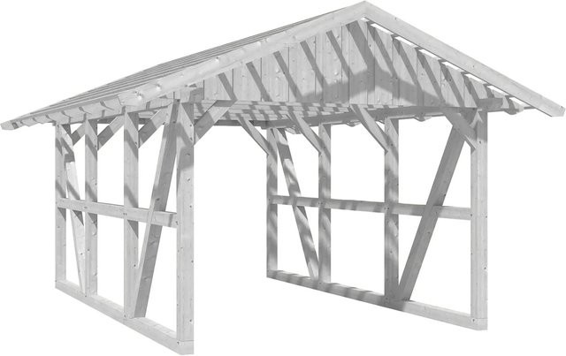 Skan Holz Carport Schwarzwald aus Fichtenholz mit Satteldach und Dachlattung in Weiß, B: 424 cm, T: 600 cm - Bild 1