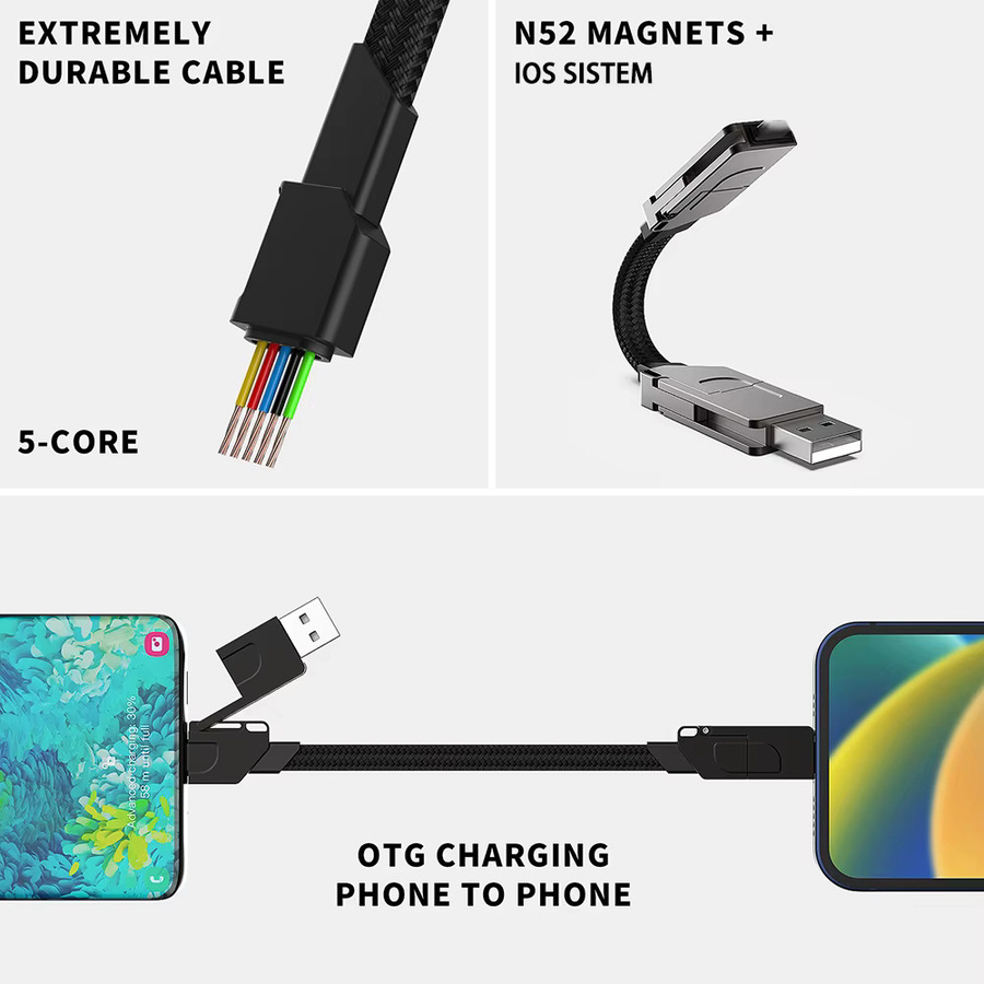 4-in-1 Multi-Schnellladekabel Schlüsselanhänger in Schwarz mit PD 27 W für iPhone Lightning und USB-C 60 W für Android sowie QC 27 W Datenkabel - Bild 4