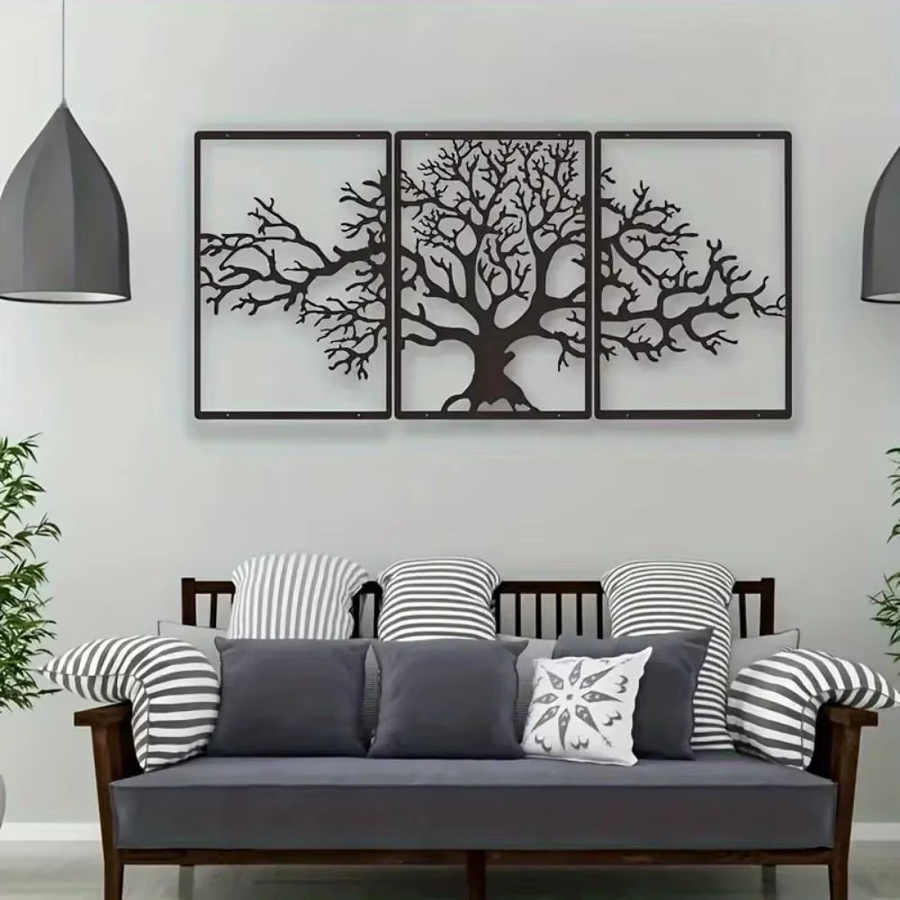 CIFbuy 3er-Set Baum des Lebens Wanddekoration aus Metall in Schwarz im rustikalen Design - Bild 3