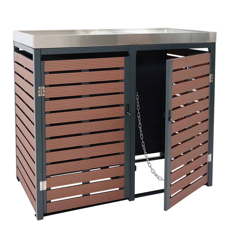 Proregal 2er Mülltonnenverkleidung mit Pflanzkasten aus WPC und Edelstahl in Walnuss-Holzoptik Braun, H x B x T: 124 x 134 x 84 cm - Bild 2