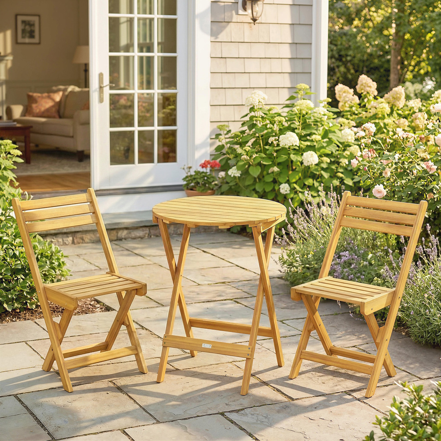 Outsunny 3-teiliges Bistro-Set aus Akazienholz in Natur, klappbarer runder Tisch Ø 60 cm und 2 Lattenstühle für Garten, Balkon und Terrasse, Farbe: Braun - Bild 2