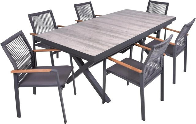 DELUKE Garten-Sitzgruppe JANA 7-teilig aus Aluminium und Keramik in Eiche-Optik Grau - Bild 1