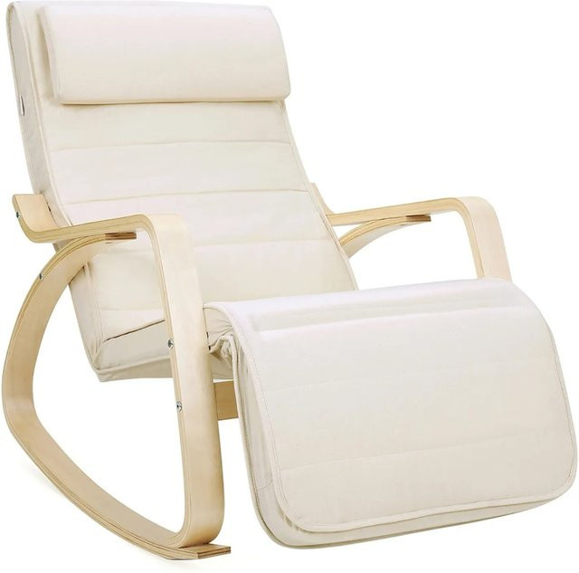 Songmics Schaukelstuhl mit Armlehnen aus Birkenholz und Metall in Beige-Natur, B/T/H: 67 x 121,5 x 84 cm - Bild 1