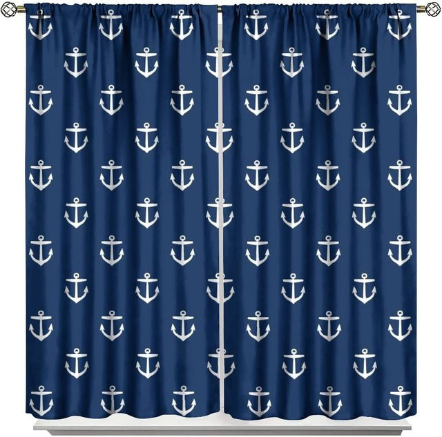Yiran Furniture Vorhänge im Nautik-Design mit Anker-Motiv, 2er Set, Blau, B: 55 cm, H: 120 cm - Bild 1