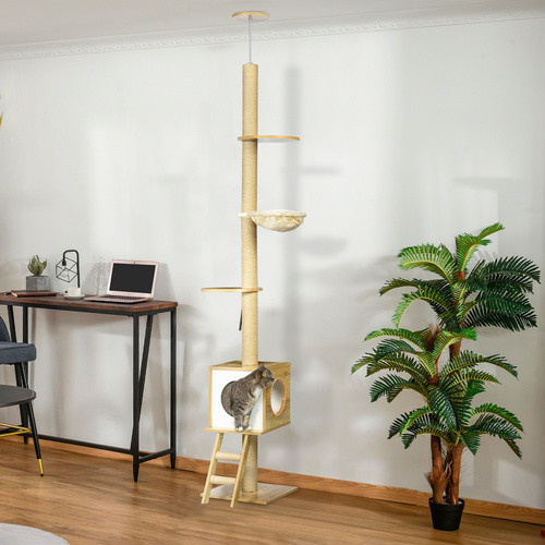 PawHut Kratzbaum mit Katzenhaus, Hängematte und integriertem Spielzeug in Braun und Beige, B/T/H: 40 x 40 x 260 cm - Bild 4